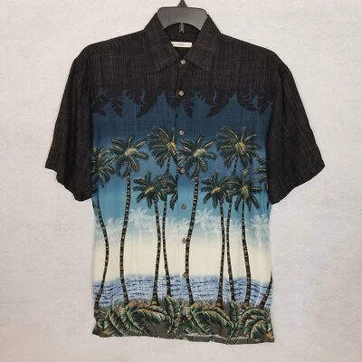 CAMPIA MODA Escena Hawaiana Palmera S/S Camisa de Campamento Abotonada Azul Negro Talla S Foto 1 de 4