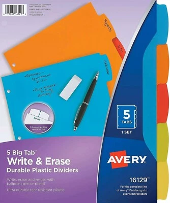 Avery Big Tab Write & Erase Plastic Dividers 5-Tab Assorted Colors (16129) - Image 1 of 4