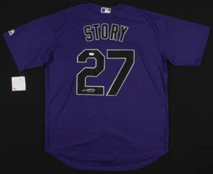 TREVOR STORY SIGNED PURPLE COLORADO ROCKIES MAJESTIC ON-FIELD STYLE JERSEY + JSA - Picture 1 of 4
