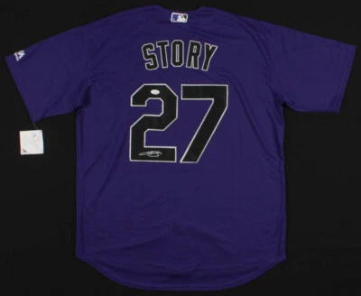 TREVOR STORY SIGNED PURPLE COLORADO ROCKIES MAJESTIC ON-FIELD STYLE JERSEY + JSA - Image 1 of 4