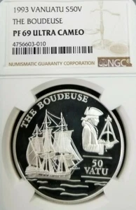 1993 VANUATU SILVER 50 VATU S50V THE BOUDEUSE NGC PF 69 ULTRA CAMEO  - Picture 1 of 3