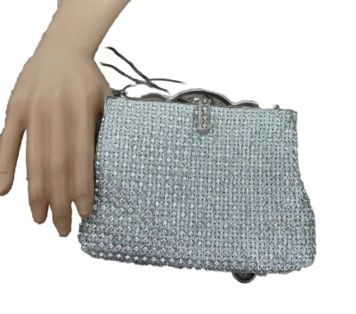 Antique 7” x 5” Rhinestone & Engraved Metal Frame Small Purse Handbag With Chain Foto 1 de 4