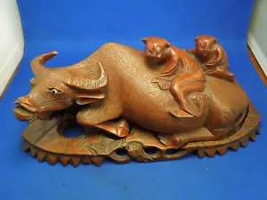 Hand Carved Wooden Water Buffalo Ox with Children Chinese Folk Art Rosewood - Picture 1 of 11