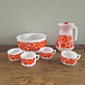 Juego de tazas jarra retro vintage Arcopal Francia vidrio leche estampado de flores - Imagen 1 de 16