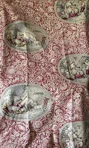 Antique French Country Farm Life Floral Toile Cotton Fabric ~ Red Gray Ochre - Picture 1 of 13