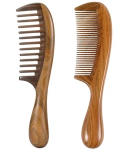 2pcs Wooden Hair Comb Wide Tooth Fine Tooth Detangling Sandalwood Combs - Picture 1 of 6