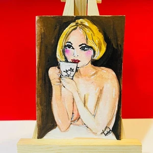 ACEO Blonde Woman Drinking Tea Nude Figurative Art Acrylic Painting Signed NEW - Picture 1 of 5