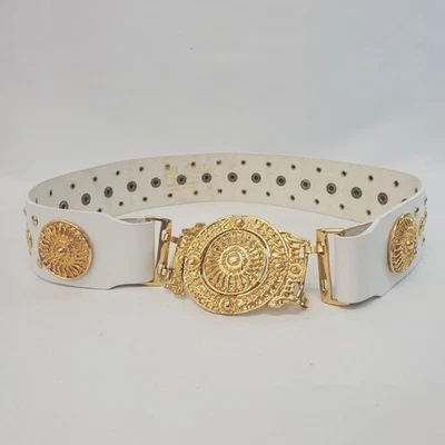 Linea Pelle By Mira K White Leather Gold Tone Medallion Belt Size Medium Italy  - Image 1 of 4