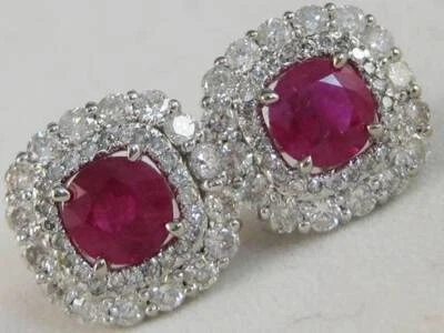 MODERN 2.78CTW DIAMOND RUBY 14K WHITE GOLD CLUSTER HALO EARRINGS 12MM #AK6030ERU - Image 1 of 4