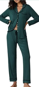 Eqouaer Pajama Set Green 2 Piece Size Medium Long Sleeve Soft Button Up - Picture 1 of 11