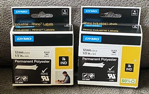 2 DYMO GENUINO Rhino IND Etiqueta Poliéster Permanente Negro sobre Blanco 12mm x5.5m NUEVO - Imagen 1 de 4