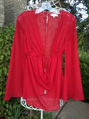 LaRok RED SHEER w/SILVER BEADED TASSLES BELL SLEEVE BLOUSE  PRE-OWNED  SZ M - Image 1 of 4