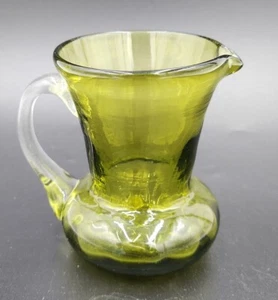 Vintage Pilgrim Hand Blown Green Glass Optic Mini Pitcher w/Applied Clear Handle - Picture 1 of 12