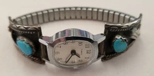 Timex Wind-up Wristwatch Sterling Silver & Turquoise Small Wrist 1.75" x 1.75" - Picture 1 of 6