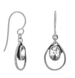 925 STERLING mit 8x6 mm CZ 1 Zoll lange Ohrhänger SILBER OFFENE OVALE mit Geschenkbox - Bild 1 von 2