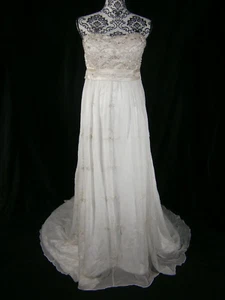 Alexis George Wedding Dress 10 Ivory Column Strapless Organza Satin Beaded Boho - Picture 1 of 16