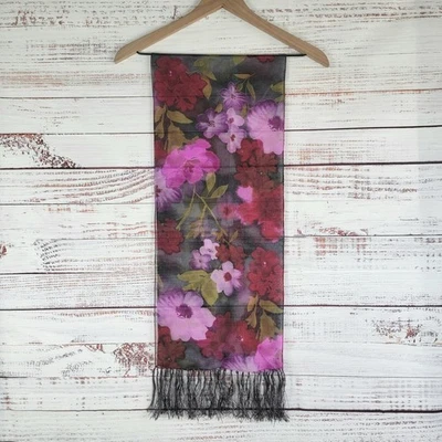 Echo Silk Scarf Fringe Sheer Floral 11" x 52" - Image 1 of 4