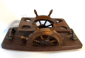 VTG Wooden Stand Ship's Wheel Serving Bar Tray for Bottle & Shot Glasses Handles - Picture 1 of 16