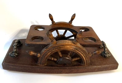 VTG Wooden Stand Ship's Wheel Serving Bar Tray for Bottle & Shot Glasses Handles - Image 1 of 4