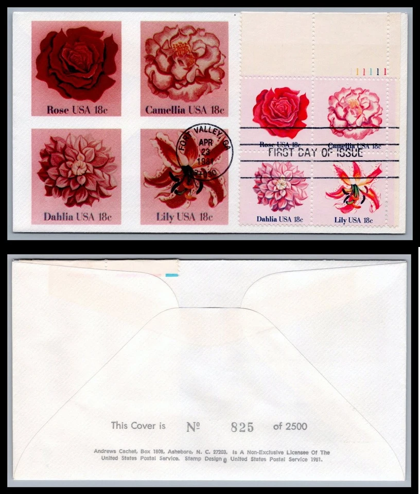 US FDC # 1876-1879 18c Flowers of America  Andrews Plate Block UR 1981, 9Q991 - Image 1 of 1