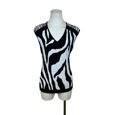 Lafayette 148 Womens Black/White V-Neck Zebra Print Sleeveless Sweater Vest Size - Image 1 of 4