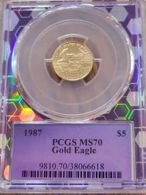 1987 $5 Gold Eagle PCGS MS70 TraderBea Purple Core - Image 1 of 4