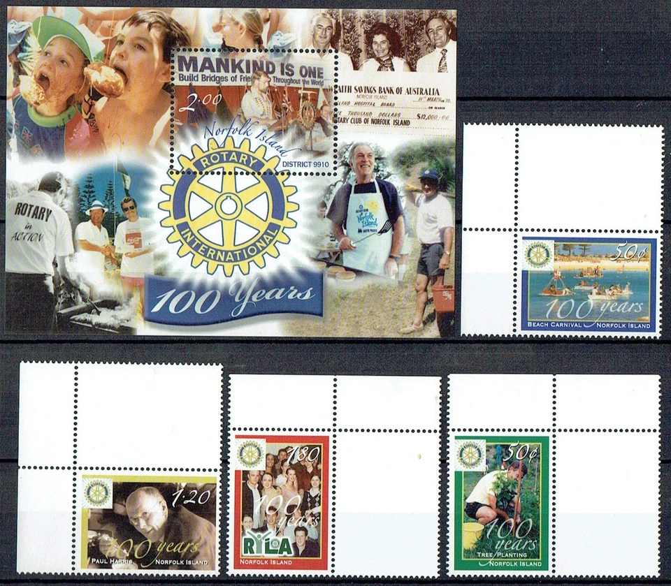 NORFOLK ISLAND.2005. 100 YEARS OF ROTARY SET X 4WITH TAB'S & MINI SHEET AS SCAN. - Image 1 of 1