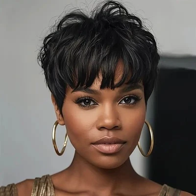 Human Hair Black Short Curly Wigs Human Hair Wigs with Bangs Pixie Cut Wigs USA - Image 1 of 4