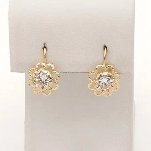 Solid 18k Gold Daisy Leverback Italian Earrings Synthetic April Birthstone New - Picture 1 of 7