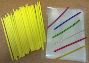 50 x 150mm 6" YELLOW PLASTIC LOLLIPOP STICKS CAKE POP KIT BAGS & TWISTTIES - Picture 1 of 8