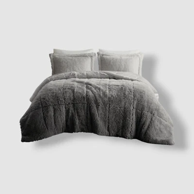 Intelligent Design Gray Leena Shaggy Long Fur Comforter Mini Set, Full/Queen - Image 1 of 4