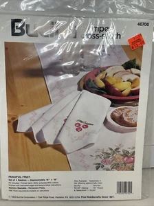 Fanciful Fruit Basket Stamped Cross Stitch Napkin Kit Bucilla Set Of 4 NIP - Picture 1 of 4