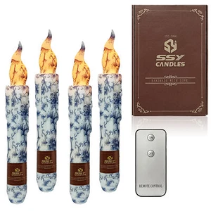 Blue & White Print XMAS LED 6.5" Taper Candles Battery Powered + Remote Control - Picture 1 of 4