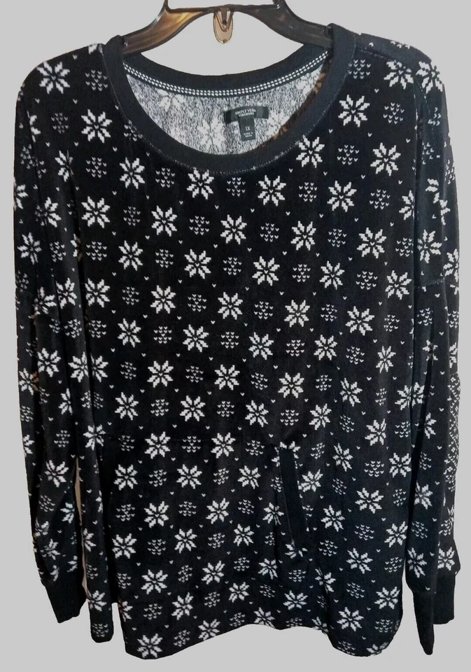 Womens Simply Vera Wang Soft Fleece Gray Black White Sleepwear Lounge Top SZ 1X - Image 1 of 4