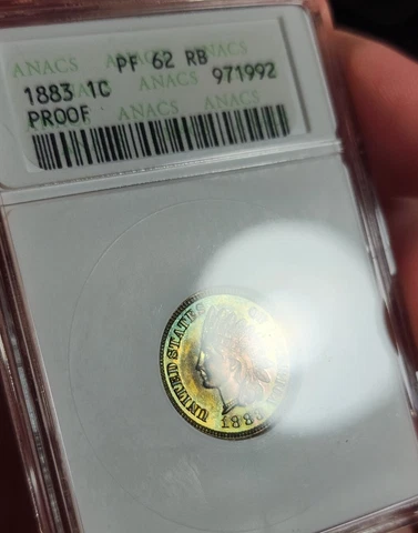 1883 Proof Indian Head Cent Penny ANACS PF62RB Soapbox Holder Rainbow Toned Cover