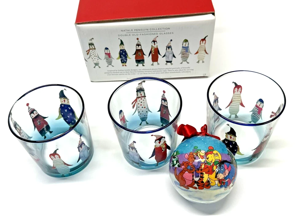 3 Williams Sonoma Natale Penguin Collection Old-Fashioned Glasses + Pooh Ornamnt - Image 1 of 4