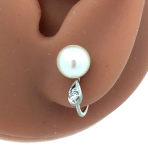Estate 14K White Gold Round White Pearl Diamond Accent Screw Clip-on Earrings - Picture 1 of 9
