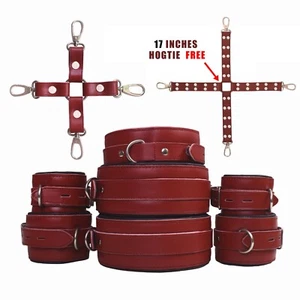 Real Cow Leather Wrist Ankle Thigh Cuff Collar Restraint Bondage Set With Hogtie - Picture 1 of 3