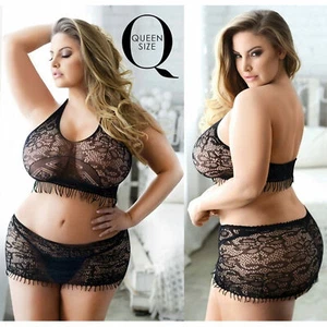 Plus Sexy Lingerie Set Fishnet Body Stocking Skirt Teddy Halter Top Mesh Lace - Picture 1 of 1