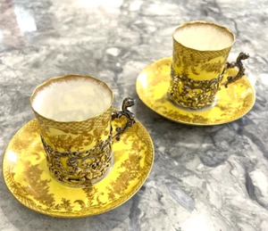 Antique William Comyns Silver holder Coffee Cans a saucers Pair Staffordshire - Picture 1 of 11