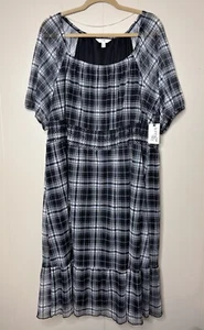 Neu Terra & Sky Damen Übergröße 2X gesmoktes gefüttertes Netzkleid schwarz weiß kariert - Bild 1 von 20
