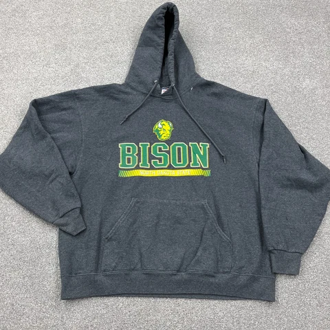 North Dakota State Bison Hoodie Men XL Gray Green Hooded Sweatshirt Spell out Cover