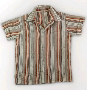 Vintage 70s Sticks Kids Shirt Sz 5 – Orange Brown Stripe Polyester Retro Style - Picture 1 of 10
