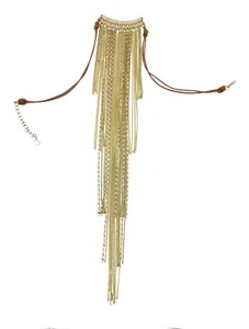 Nokamal Gold Tone Multi Chain Statement Bib Necklace Brown Leather Cord 18" EUC - Picture 1 of 24
