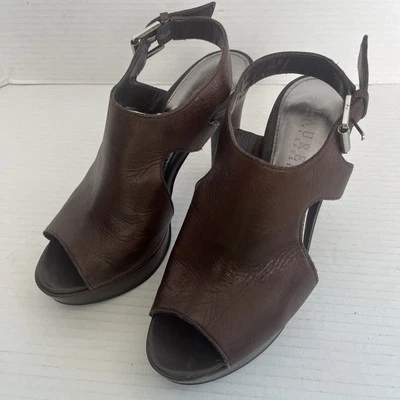 Botines Lauren Ralph Lauren para mujer 6B Peep Toe Slingback cuero marrón sintético Foto 1 de 4