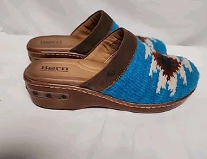 Born Handarbeit Bandy Decke Clogs blau Azteken Wolle Leder Damen 9 Schuhe - Bild 1 von 12