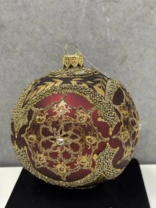Handverziertes Glasornament 4 Zoll Burgund & Gold Perlen Filigran Europäischer Stil - Bild 1 von 4