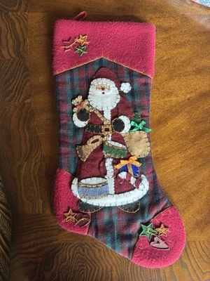 Vintage Felt Christmas Stocking Santa Clause With Gifts - Plastic Button Designs - Image 1 of 3