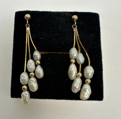 Серьги из желтого золота 14 карат с 3 нитями 12 рисовых пресноводных жемчужин 1,8 г 3 дюйма  - Изображение 1 из 4