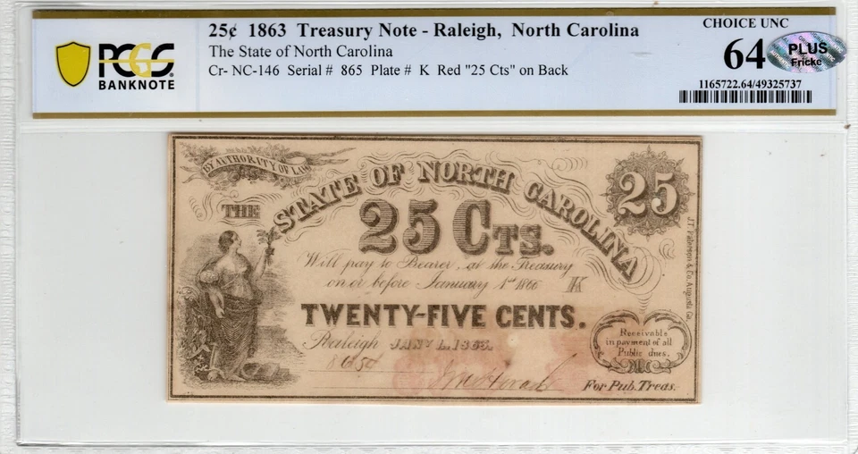 NC CR-146 1863 $0.25 North Carolina Paper Money - PCGS-B Choice Unc 64 - PLUS! - Image 1 of 2